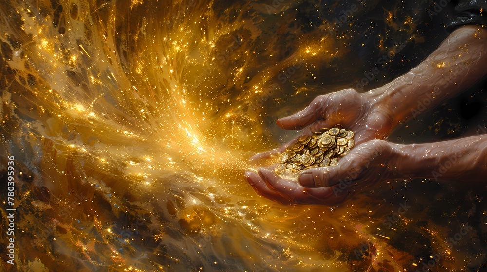 Fototapeta premium Hands holding gold coins glowing poster background