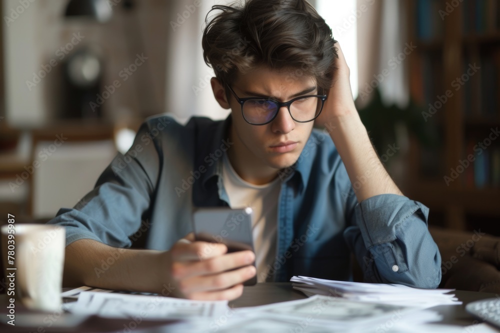 Stressed young adult with glasses managing finances and paperwork Stressed young adult with glasses managing finances and paperwork
