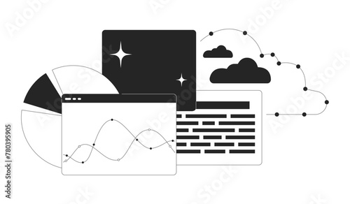 Analytics project management black and white 2D line cartoon object. Data analysis cloud storage isolated vector outline item. Digital files, graphs charts monochromatic flat spot illustration © The img