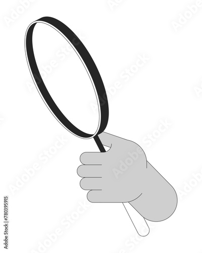 Zoom magnifying glass cartoon human hand outline illustration. Holding loupe 2D isolated black and white vector image. Focus exploration. Lens searching flat monochromatic drawing clip art