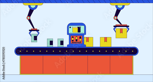 Robotic automation cartoon flat illustration. Robot arms manufacturing 2D line interior colorful background. Industry 4 0. Factory assembly line boxes packaging scene vector storytelling image