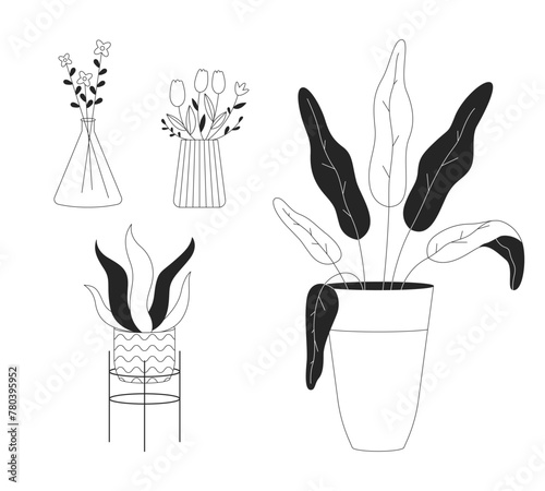 Potted houseplants and flower bouquets black and white 2D line cartoon objects set. Plants in home interior isolated vector outline items collection. Floral decor monochromatic flat spot illustrations
