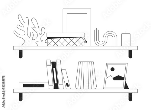 Shelves with cute domestic accessories black and white 2D line cartoon objects set. Interior decor on racks isolated vector outline items collection. Home design monochromatic flat spot illustrations © The img