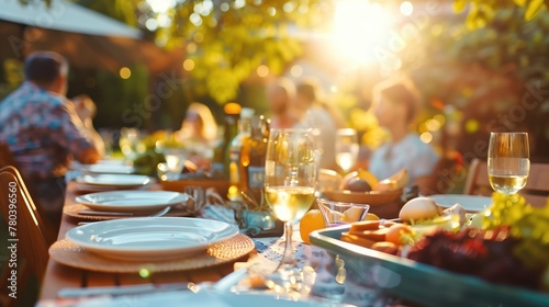 Fototapeta Naklejka Na Ścianę i Meble -  Neighborhood picnic outdoors on sunny spring or summer day with people on the background and served backyard table