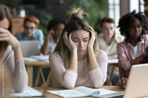 Exhausted young woman feeling stressed at work surrounded by peers