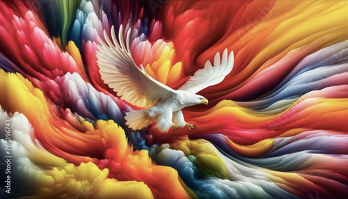 A majestic white eagle soars with wings spread wide, set against a dynamic backdrop of swirling, multicoloured clouds. photo