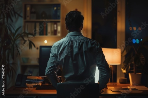 Young businessman experiencing back pain while working late in office
