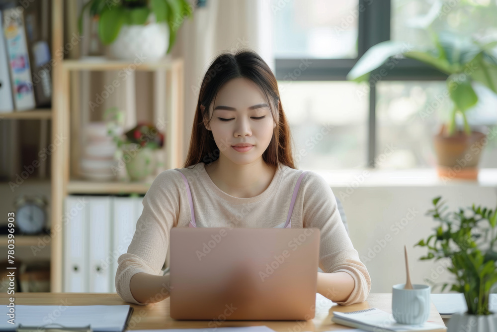 Young woman practicing mindfulness meditation at home with closed eyes while working with laptop Young woman practicing mindfulness meditation at home with closed eyes while working with laptop