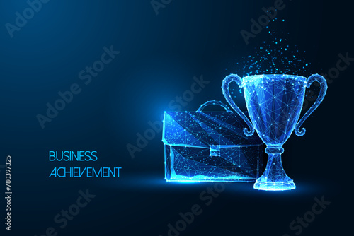 Business achievement, accomplishment, competetive advantage futuristic concept on blue background