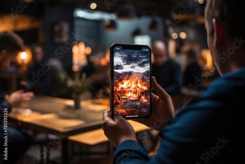 A person holding a camera capturing a fire burning in a restaurant setting. The individual is focused on the flame, adjusting settings on the camera to get the perfect shot