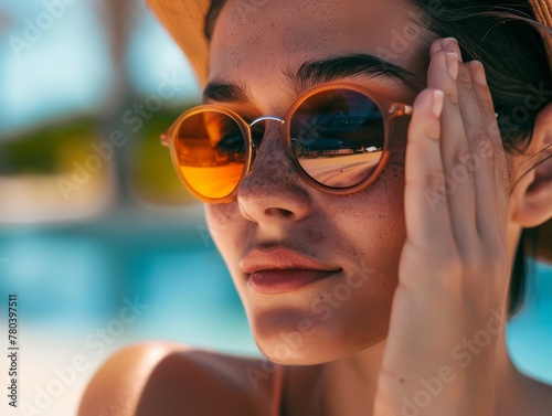 A young woman in sunglasses applies sunscreen to her face, enjoying a sunny summer day outdoors