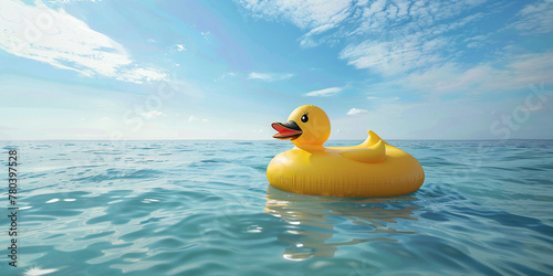 Vacation travel holiday experience with kid child concept. Inflatabe yellow rubber duck toy floating In sea ocean water with sunset sunrise on background. Empty space place for text, copy paste photo