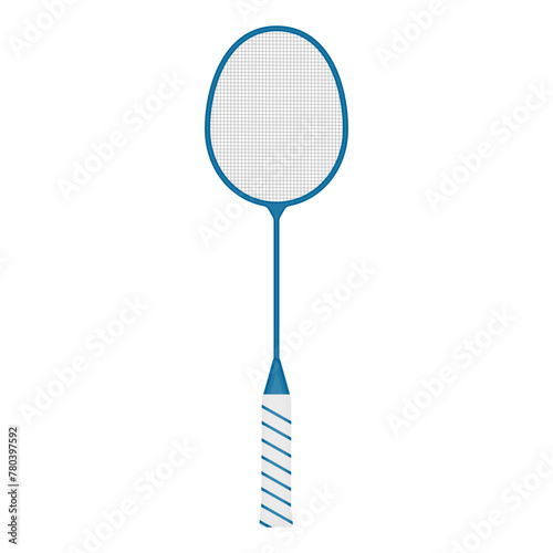 Blue badminton racket icon isolated on transparent and white background. Close-up element for sport design decoration. Vector cartoon illustration. Summer and vacation time. Sport equipment.