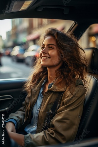 A female driver is seated behind the steering wheel of a car  preparing to navigate through city traffic