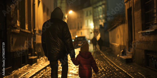 Back of man in hood holding hand of child kid in dark park street at night late evening. Crime, stalking and sexual assault concept photo