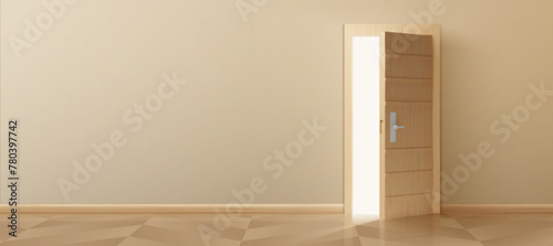 3d open house door with light digital concept. Portal to room with opportunity and success background. Doorway illustration to escape with space design. Discovery new unknown dimension with teleport