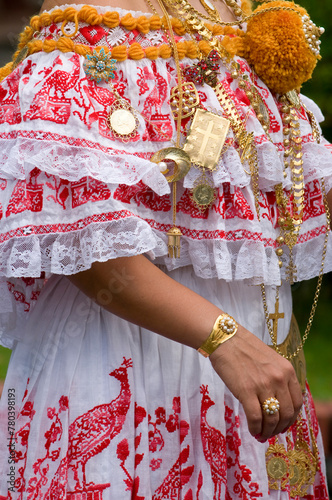 Panamanian woman with the National dress La Pollera,  Panama city, Central America - stock photo