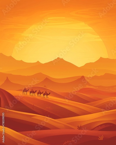Silk Road caravan at dusk, camels silhouetted against desert, soft golden light, wide angle