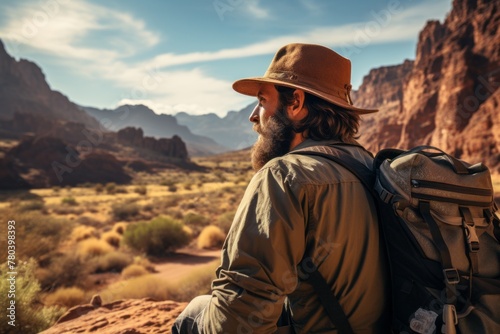 A man wearing a hat and backpack stands at the edge of a desert, gazing out at the vast, arid landscape before him