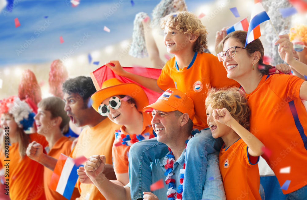 Netherlands football team supporter on stadium. - obrazy, fototapety, plakaty 