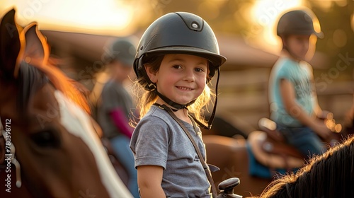 the joyous expressions of children as they engage in therapeutic horseback riding sessions, focusing on their interactions with the horses and instructors.
