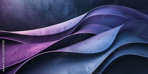 Abstract composition featuring a vertical gradient from dark  brown to purple and then blue, set on a black background. Abstract curved lines at different heights add depth and texture.