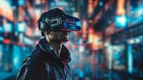 A young man, with his goggles playing in a futuristic cyber world, wearing VR headset, Virtual reality, innovation and new technology abstract concept.
