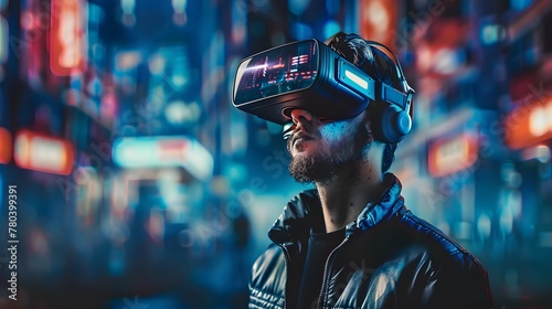 A young man, with his goggles playing in a futuristic cyber world, wearing VR headset, Virtual reality, innovation and new technology abstract concept. photo