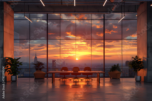 Office interior with sunset view through glass walls. Corporate design and work-life balance concept. Design for real estate and business publications. Warm lighting and cityscape silhouette photo