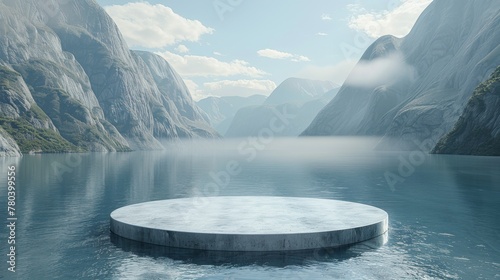 A large round or podium show case white object sits on a body of water