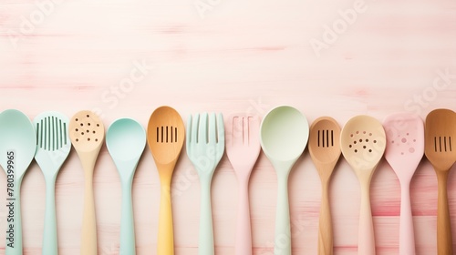 Colorful kitchen utensils on pink background still life work tool single object set