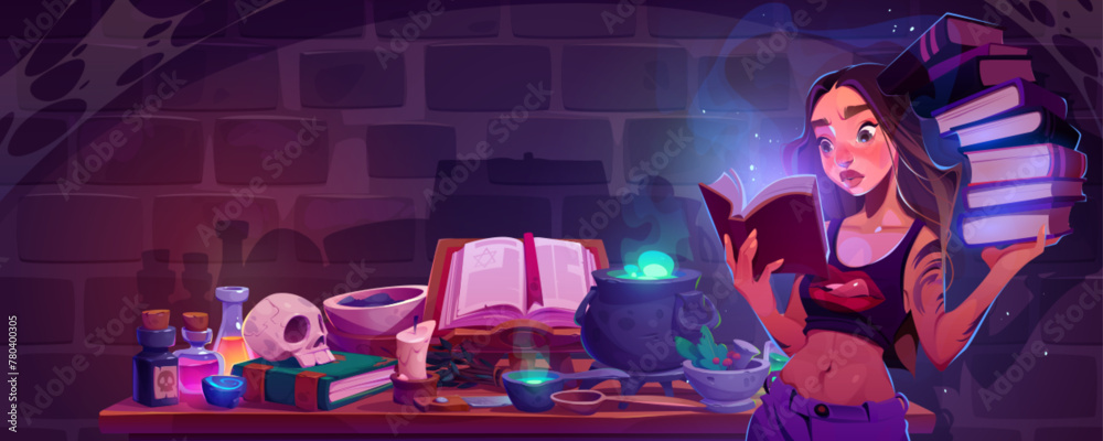 Young witch cooking potion in old dungeon. Vector cartoon illustration of female character reading ancient spellbook, magic liquid boiling in cauldron, candle, skull, herbs, glass flasks on table - obrazy, fototapety, plakaty 