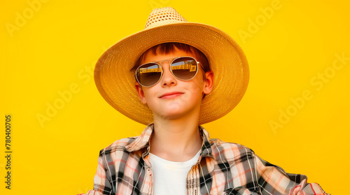 retrato aislado joven con sombrero de vaquero sobre fondo amarillo photo