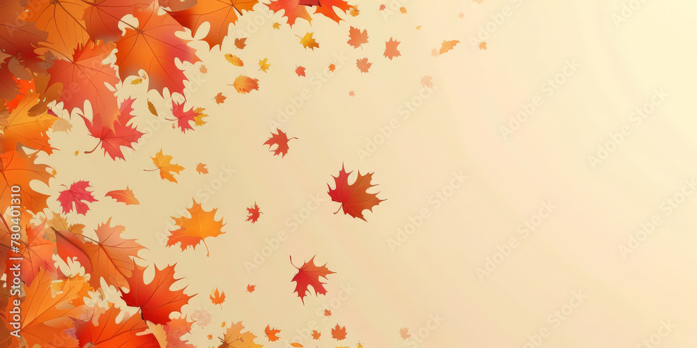 Autumn leaves falling on beige background ,copy space, banner