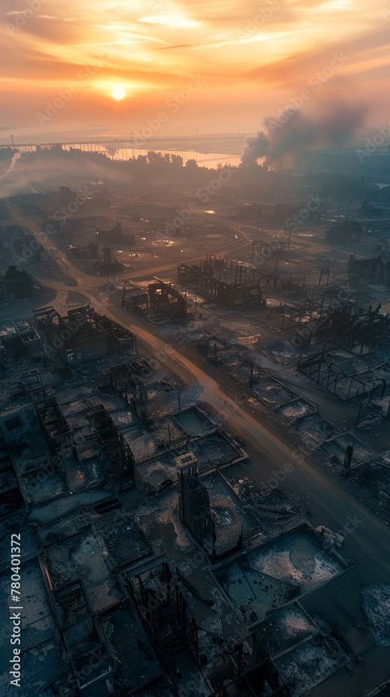Burntout structures, early morning, aerial view, haunting, endofworld ambiance