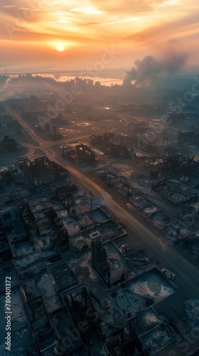 Burntout structures, early morning, aerial view, haunting, endofworld ambiance photo