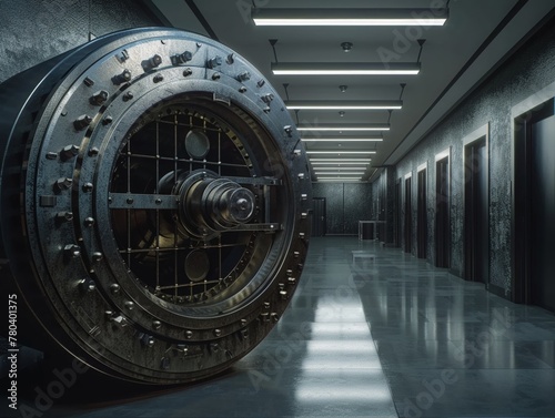 Closed bank vault, dark room, panoramic view, financial security gone, bankruptcy reality