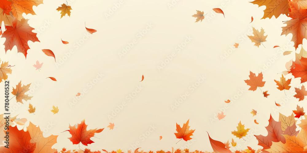 Autumn leaves falling on beige background ,copy space, banner