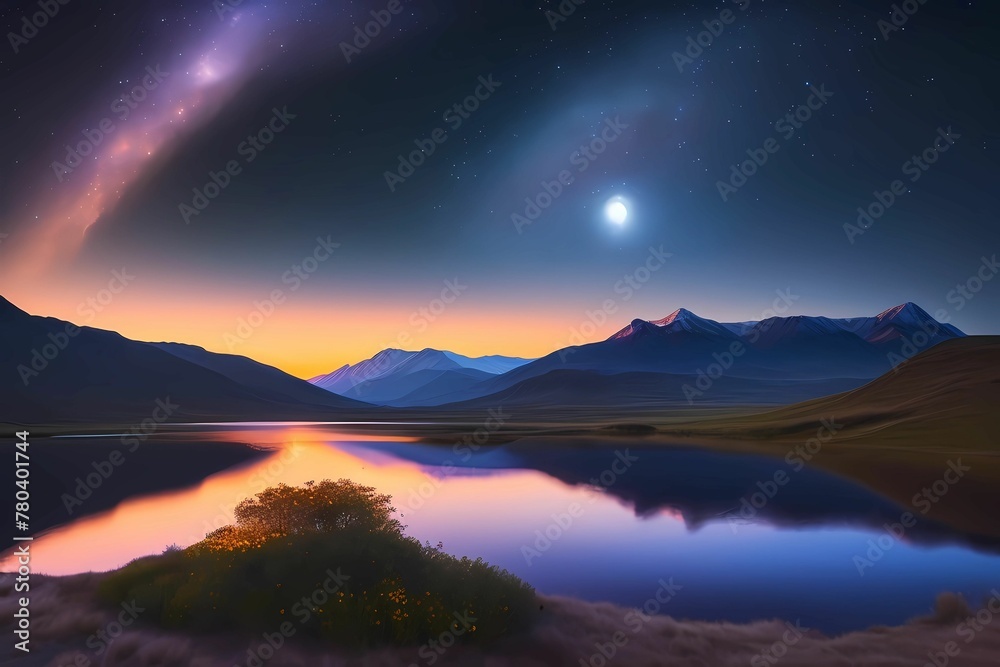 AI generated illustration of a nighttime landscape of mountain peaks illuminated by the glowing sky