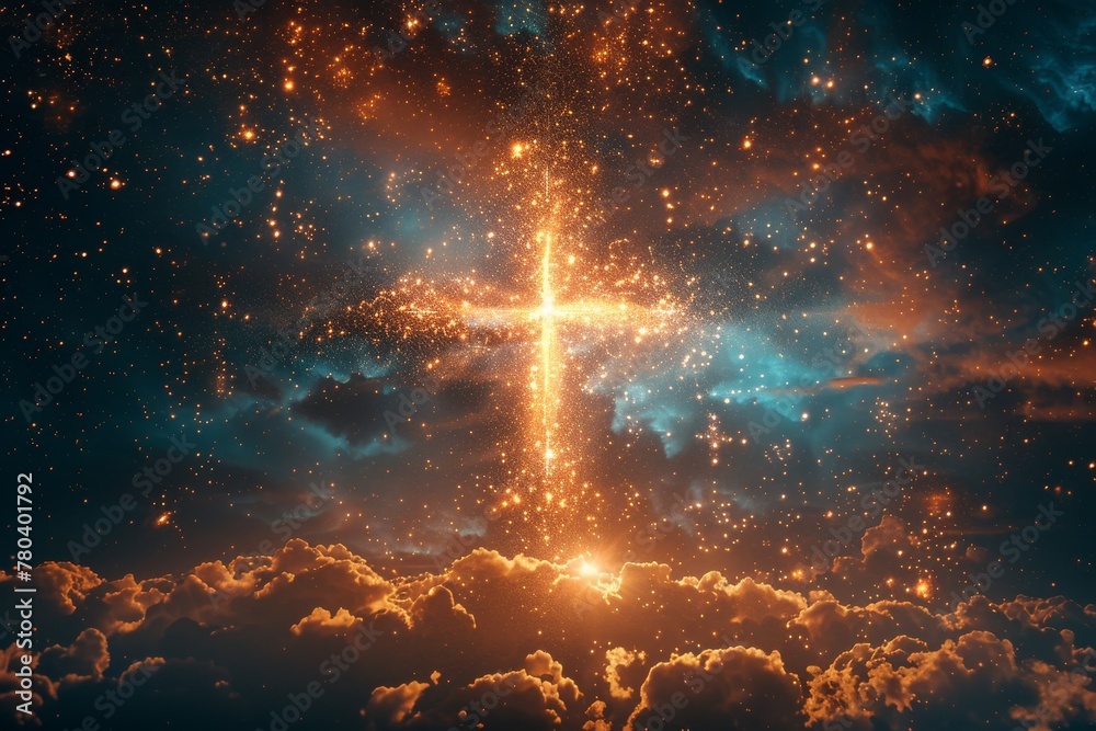 A bright orange cross is lit up in the sky, surrounded by clouds - obrazy, fototapety, plakaty 