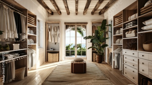 a Spanish Colonial Revival-style walk-in closet, featuring white walls adorned with wood beams, indoor plants, blending architectural elegance with the essence of nature.
