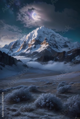 AI generated illustration of a majestic mountain covered in snow with a full moon in the night sky