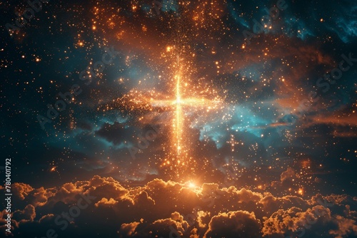 A bright orange cross is lit up in the sky, surrounded by clouds