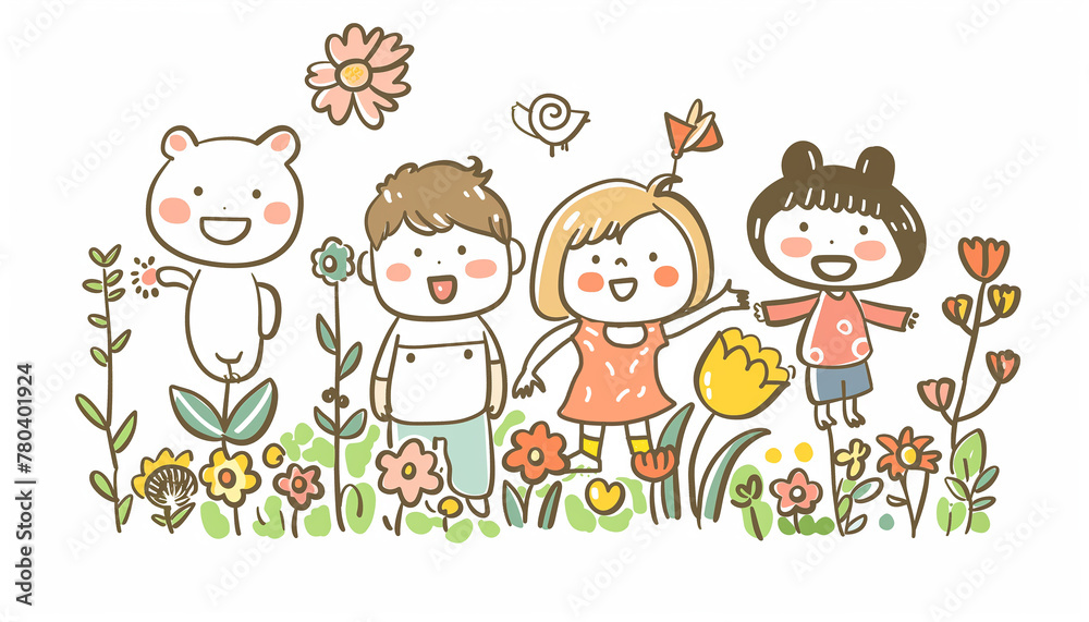 Kids drawing style home family, friends flower Kids drawing style home family, friends flower