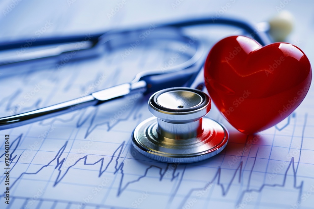 AI generated illustration of a stethoscope and a heart shape on an EKG graph paper AI generated illustration of a stethoscope and a heart shape on an EKG graph paper