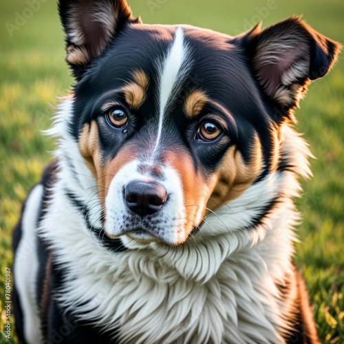 AI-generated illustration of A black and white canine lying in a grassy area