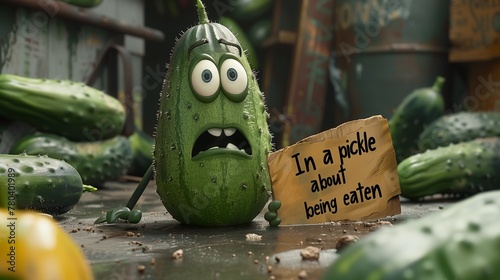 AI generated illustration of a sad pickle holding a funny sign