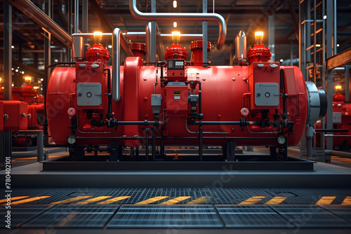 Row of modern red gas boilers in an industrial boiler room. Energy efficiency and industrial heating systems concept with a focus on machinery