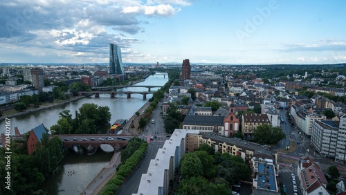 Bird's eye view of Main river in Frankfurt, Germany on a cloudy day