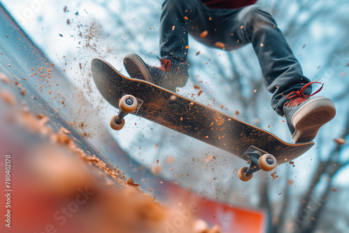 AI generated illustration of an action closeup shot of a skateboarder mid-trick photo